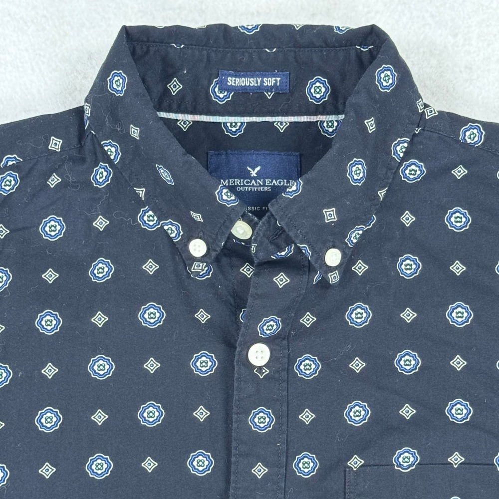 American Eagle Seriously Soft Navy Geometric Medallion Button Down Shirt Small